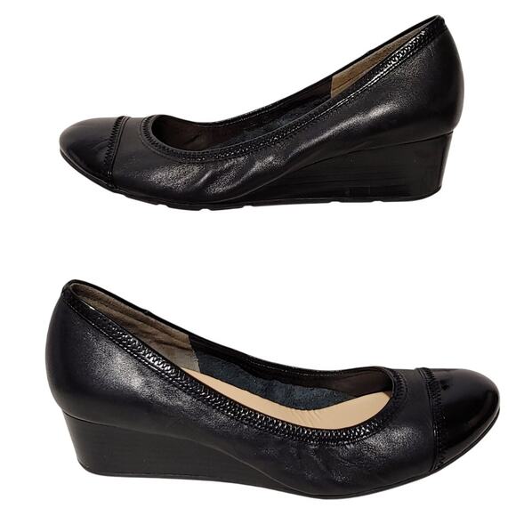 Cole Haan Elsie Cap Toe Wedge Heels Cap Toe Black Patent Leather Shoes 8B - Picture 1 of 7